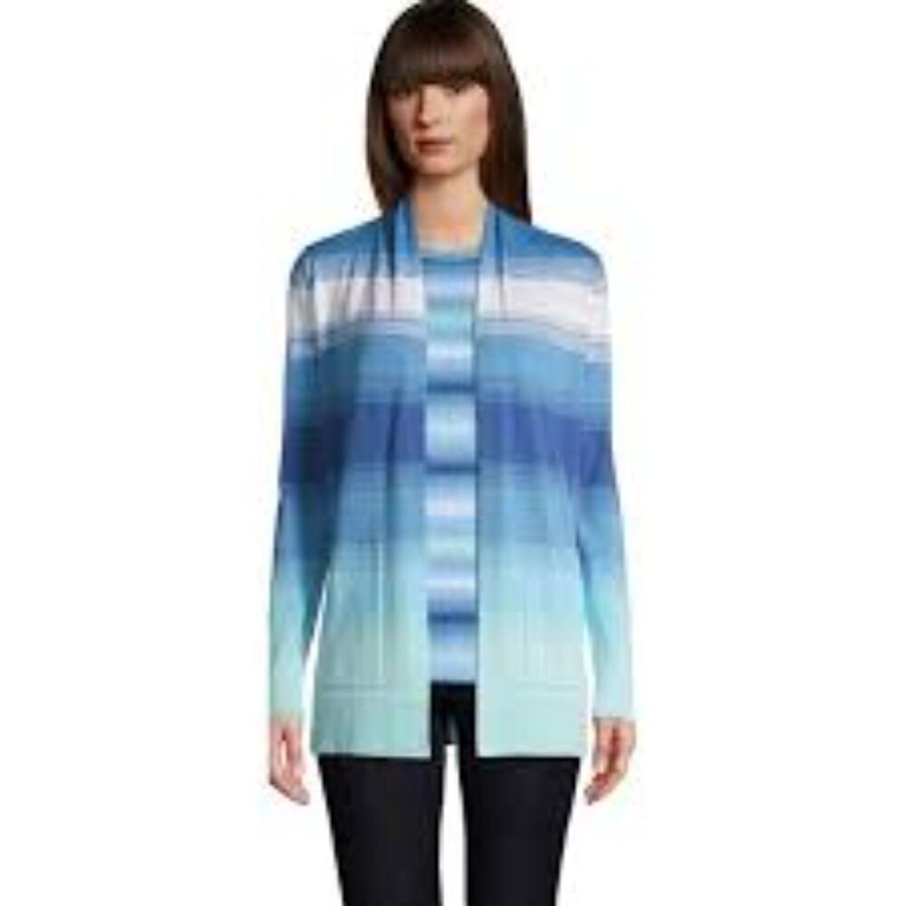 Land's End Women Blue White Ombre 100% Cotton Tunic Open Front Cardigan size XL